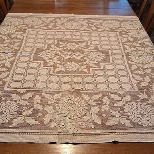 Vintage Tan & cream color 56" X 49.5" Lace Tablecloth- Crysanthemum Design